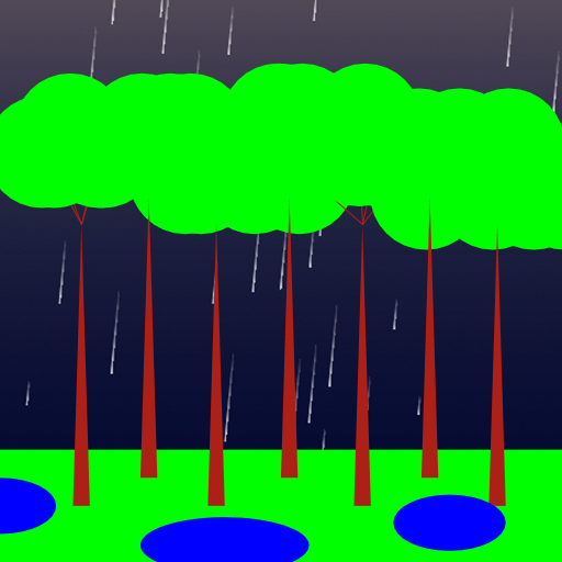 My program Art.java models the canopy level of a rainforest. It shows 7 trees that grow in a vertical direction, with branches that spread out to a flat top. Each branch stems 4 new branches that grow in a random direction. The background is of rain, and the ground is a green rectangle with blue ellipse puddles. To write this program, I first began by trying to create a simple tree. Then, I slightly manipulated my code so that the tree grew more vertical, and its top was flatter. I started without using a method for leaves, then at the end added in the leaves to just the last order. After I had done this for one tree, I began adding more and more, until I ended up with a total of seven trees, which amount to a pretty good model for the canopy.