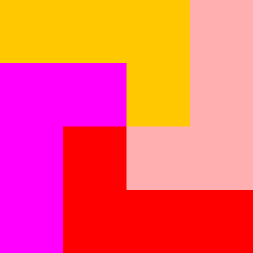 I was inspired by designs I had used in high school when making quilts, as they often involve a simple, square-shaped unit that is repeated in a grid-like fashion. Online I found my template: a square made up of four L shapes spiraling around each other. To write the program, I drew four L-shaped polygons in different colors and recursively called them four times while scaling them down to one-fourth size. Rather than rotate the Ls to make pinwheels, I used an array to store the different possibilities for color assignments for the Ls.
