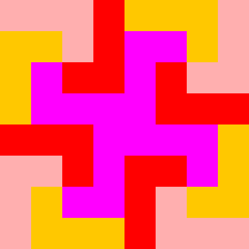 I was inspired by designs I had used in high school when making quilts, as they often involve a simple, square-shaped unit that is repeated in a grid-like fashion. Online I found my template: a square made up of four L shapes spiraling around each other. To write the program, I drew four L-shaped polygons in different colors and recursively called them four times while scaling them down to one-fourth size. Rather than rotate the Ls to make pinwheels, I used an array to store the different possibilities for color assignments for the Ls.