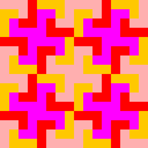 I was inspired by designs I had used in high school when making quilts, as they often involve a simple, square-shaped unit that is repeated in a grid-like fashion. Online I found my template: a square made up of four L shapes spiraling around each other. To write the program, I drew four L-shaped polygons in different colors and recursively called them four times while scaling them down to one-fourth size. Rather than rotate the Ls to make pinwheels, I used an array to store the different possibilities for color assignments for the Ls.