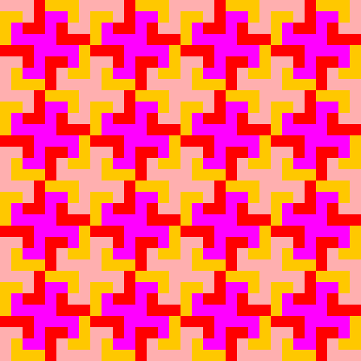 I was inspired by designs I had used in high school when making quilts, as they often involve a simple, square-shaped unit that is repeated in a grid-like fashion. Online I found my template: a square made up of four L shapes spiraling around each other. To write the program, I drew four L-shaped polygons in different colors and recursively called them four times while scaling them down to one-fourth size. Rather than rotate the Ls to make pinwheels, I used an array to store the different possibilities for color assignments for the Ls.