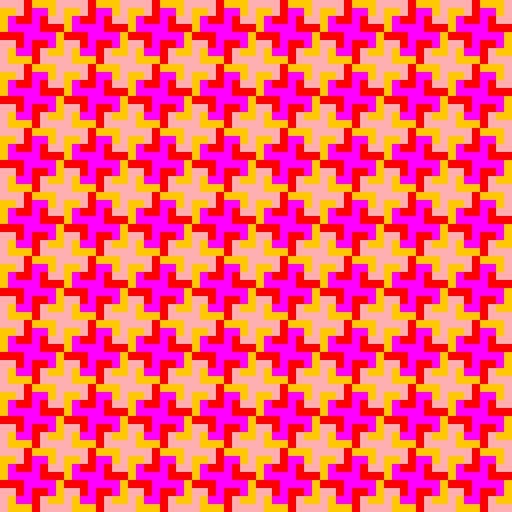 I was inspired by designs I had used in high school when making quilts, as they often involve a simple, square-shaped unit that is repeated in a grid-like fashion. Online I found my template: a square made up of four L shapes spiraling around each other. To write the program, I drew four L-shaped polygons in different colors and recursively called them four times while scaling them down to one-fourth size. Rather than rotate the Ls to make pinwheels, I used an array to store the different possibilities for color assignments for the Ls.