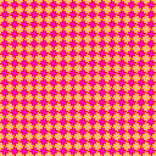 I was inspired by designs I had used in high school when making quilts, as they often involve a simple, square-shaped unit that is repeated in a grid-like fashion. Online I found my template: a square made up of four L shapes spiraling around each other. To write the program, I drew four L-shaped polygons in different colors and recursively called them four times while scaling them down to one-fourth size. Rather than rotate the Ls to make pinwheels, I used an array to store the different possibilities for color assignments for the Ls.