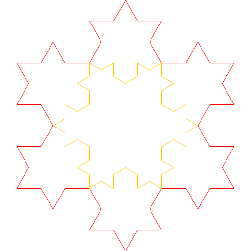 I chose the Koch snowflake because I think snowflakes are one of the most beautiful images in nature. I chose to draw mine using lines rather than triangles since I had just written Sierpinski which uses triangles. I played with placing, moving, scaling, and rotating the snowflake so I could duplicate it and create a tile effect. After figuring out how to do this, I made main() call my recursive method so that it would draw decreasingly-sized concentric Koch snowflakes, each of which is made of 3 Koch curves. I chose to draw N Koch snowflakes in N colors, namely in the order of the colors of the rainbow. A monochromatic program would better show the tiling effect, but I like the use of colors simply for aesthetic appeal.