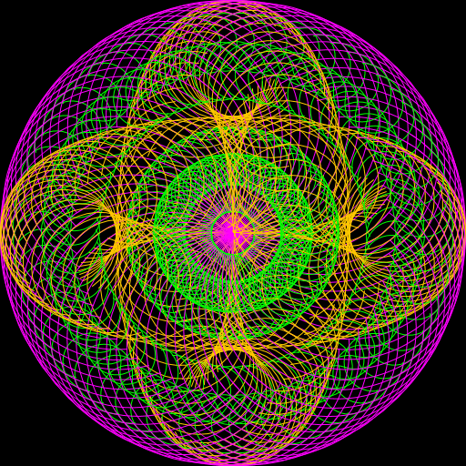 I was inspired by the tangle of knots in a ball of yarn, and tried to replicate this phenomenon by creating a recursive system of arcs which split at each level of recursion. Then I used advanced trig calculations to generalize the position of every point in the picture and used a for loop to rotate the entire image around the origin to create a tangled ball. Additionally, each level of recursion is assigned a color based of whether it is divisible by two or three. This allows the viewer to distinguish between the different levels of recursion. By manipulating the constants in the program, it is easy to change how large the arcs are and how many degrees they span.