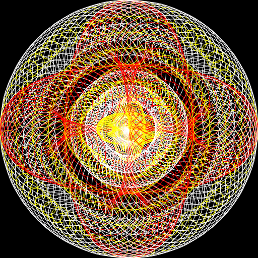 I was inspired by the tangle of knots in a ball of yarn, and tried to replicate this phenomenon by creating a recursive system of arcs which split at each level of recursion. Then I used advanced trig calculations to generalize the position of every point in the picture and used a for loop to rotate the entire image around the origin to create a tangled ball. Additionally, each level of recursion is assigned a color based of whether it is divisible by two or three. This allows the viewer to distinguish between the different levels of recursion. By manipulating the constants in the program, it is easy to change how large the arcs are and how many degrees they span.
