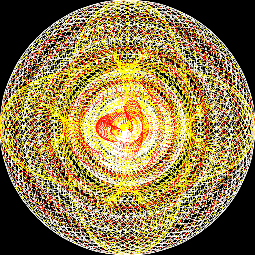 I was inspired by the tangle of knots in a ball of yarn, and tried to replicate this phenomenon by creating a recursive system of arcs which split at each level of recursion. Then I used advanced trig calculations to generalize the position of every point in the picture and used a for loop to rotate the entire image around the origin to create a tangled ball. Additionally, each level of recursion is assigned a color based of whether it is divisible by two or three. This allows the viewer to distinguish between the different levels of recursion. By manipulating the constants in the program, it is easy to change how large the arcs are and how many degrees they span.