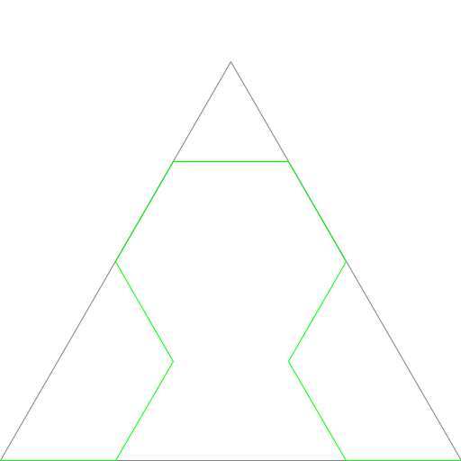 This is Sierpinski's arrowhead curve. I first found it on the checklist for this assignment, and I was amazed to see that a pattern resembling Sierpinski's Triangle emerges from something that starts out so differently, so I wanted to see if I could write the code for it.