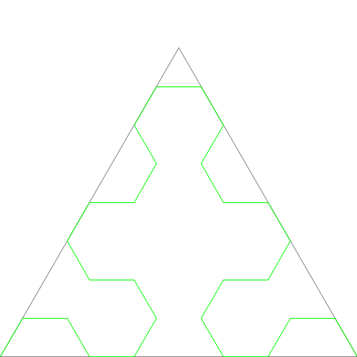 This is Sierpinski's arrowhead curve. I first found it on the checklist for this assignment, and I was amazed to see that a pattern resembling Sierpinski's Triangle emerges from something that starts out so differently, so I wanted to see if I could write the code for it.