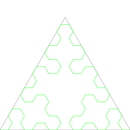 This is Sierpinski's arrowhead curve. I first found it on the checklist for this assignment, and I was amazed to see that a pattern resembling Sierpinski's Triangle emerges from something that starts out so differently, so I wanted to see if I could write the code for it.