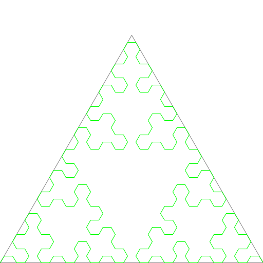 This is Sierpinski's arrowhead curve. I first found it on the checklist for this assignment, and I was amazed to see that a pattern resembling Sierpinski's Triangle emerges from something that starts out so differently, so I wanted to see if I could write the code for it.