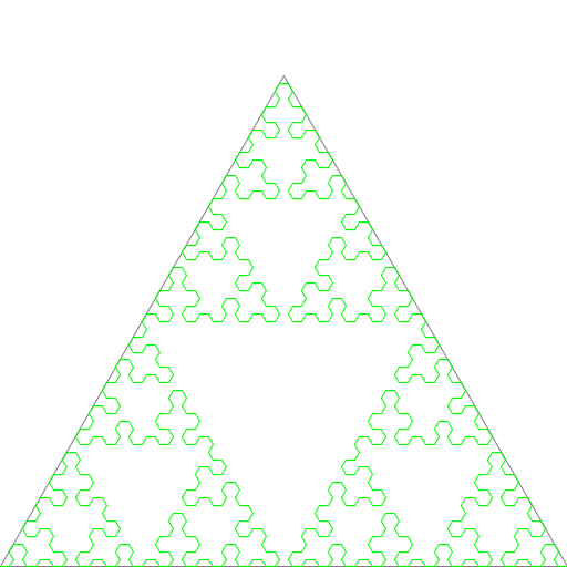 This is Sierpinski's arrowhead curve. I first found it on the checklist for this assignment, and I was amazed to see that a pattern resembling Sierpinski's Triangle emerges from something that starts out so differently, so I wanted to see if I could write the code for it.