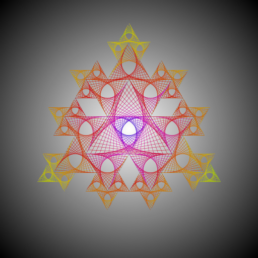 I drew a bunch of designs on paper until I found something I liked and could figure out how to program. I just added color and drew lines to give it a 3D look, and drew more triangles in each triangle. Finally I decided to make my own background too. Beacuse why not.