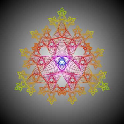 I drew a bunch of designs on paper until I found something I liked and could figure out how to program. I just added color and drew lines to give it a 3D look, and drew more triangles in each triangle. Finally I decided to make my own background too. Beacuse why not.