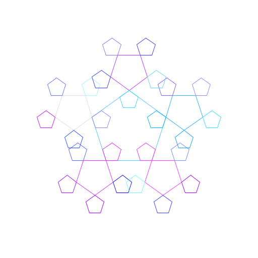 Creates a snowflake out of repeating levels of pentagons. I first got the idea by searching up common fractals on Google, and while I could not figure out how to replicate exactly that one, I ended up making this into a snow flake. I figured out how to find the coordinates of a pentagon and then inverted them every level.