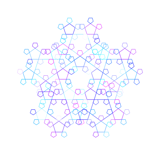 Creates a snowflake out of repeating levels of pentagons. I first got the idea by searching up common fractals on Google, and while I could not figure out how to replicate exactly that one, I ended up making this into a snow flake. I figured out how to find the coordinates of a pentagon and then inverted them every level.