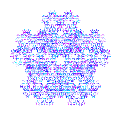 Creates a snowflake out of repeating levels of pentagons. I first got the idea by searching up common fractals on Google, and while I could not figure out how to replicate exactly that one, I ended up making this into a snow flake. I figured out how to find the coordinates of a pentagon and then inverted them every level.