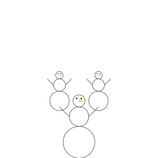 My artistic creation is a snowman army marching forward from the distance. The idea was to make something winter related. First I use tail recursion to build a snowman. (If I drew only one snowman I would lose points!) Then, I recursively draw groups of snowmen.