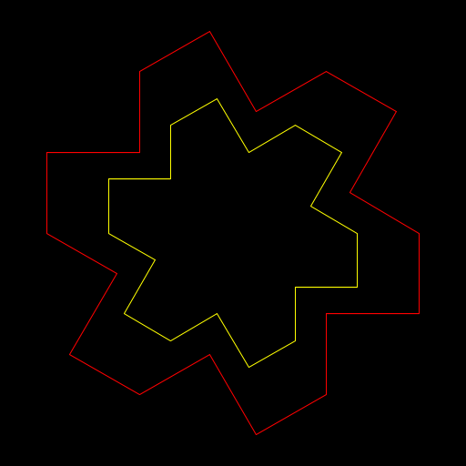 My artistic creation is the Gosper Island. I went about writing a program to produce this by first starting with a hexagon. Then, for each straight line segment, I made a zigzag pattern made out of three line segments, using an angle constant. At each step, I continued doing this recursively for each generated line segment. To make the fractal even more interesting, I made the order of the fractal also determine how many Gosper Islands would be drawn, with the side lengths of the initial hexagons forming a geometric series. As a final touch, I used information about color on pages 324-325 of the textbook to create a fiery color gradient.