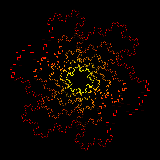 My artistic creation is the Gosper Island. I went about writing a program to produce this by first starting with a hexagon. Then, for each straight line segment, I made a zigzag pattern made out of three line segments, using an angle constant. At each step, I continued doing this recursively for each generated line segment. To make the fractal even more interesting, I made the order of the fractal also determine how many Gosper Islands would be drawn, with the side lengths of the initial hexagons forming a geometric series. As a final touch, I used information about color on pages 324-325 of the textbook to create a fiery color gradient.