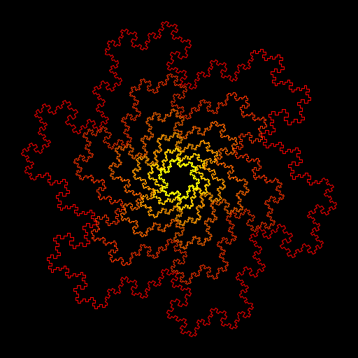 My artistic creation is the Gosper Island. I went about writing a program to produce this by first starting with a hexagon. Then, for each straight line segment, I made a zigzag pattern made out of three line segments, using an angle constant. At each step, I continued doing this recursively for each generated line segment. To make the fractal even more interesting, I made the order of the fractal also determine how many Gosper Islands would be drawn, with the side lengths of the initial hexagons forming a geometric series. As a final touch, I used information about color on pages 324-325 of the textbook to create a fiery color gradient.