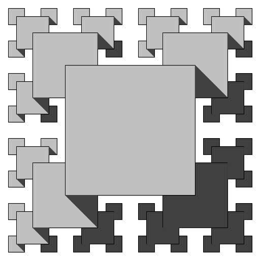 I found the fractal I attempted to imitate here: https://wewanttolearn.files.wordpress.com/2014/11/02-t-square.jpg. My work of art prints recursive squares, and uses color and strategically placed recursive triangles to simulate the effect of shadows.