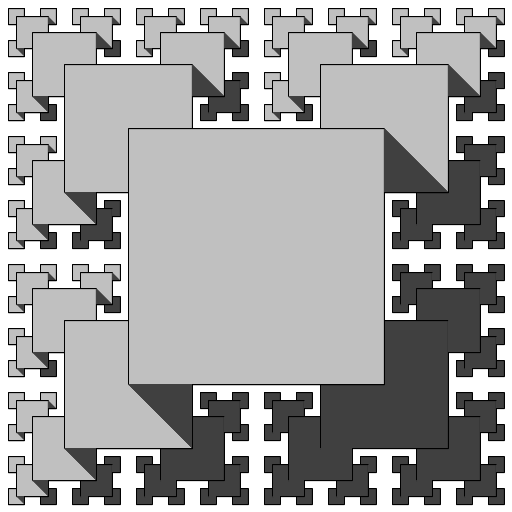 I found the fractal I attempted to imitate here: https://wewanttolearn.files.wordpress.com/2014/11/02-t-square.jpg. My work of art prints recursive squares, and uses color and strategically placed recursive triangles to simulate the effect of shadows.