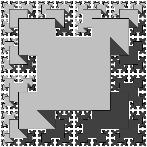 I found the fractal I attempted to imitate here: https://wewanttolearn.files.wordpress.com/2014/11/02-t-square.jpg. My work of art prints recursive squares, and uses color and strategically placed recursive triangles to simulate the effect of shadows.