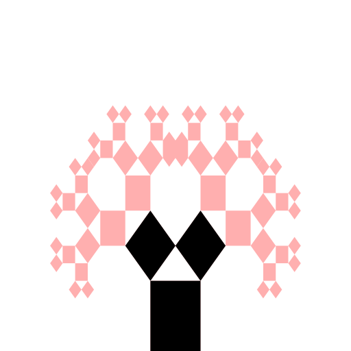 My artistic creation is a Pythagorean tree, colored to look like a cherry blossom tree. I was inspired by Natasha Turkmani's submission from Fall '14. I used the same website on the Pythagorean tree that she used: http://ecademy.agnesscott.edu/~lriddle/ifs/pythagorean/pythTree.htm
