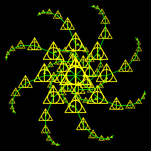 This creation was inspired by the sign of the Deathly Hallows from the Harry Potter series. I first wanted to draw a spiral consisting of the symbol, and somehow set a recursion to allow it to continue until only the branches were visible. Each branch contains a recursion (which could have been accomplished with a loop, but much more complicatedly), and each branch then recurs to form the whole