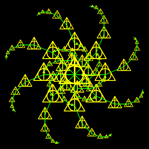 This creation was inspired by the sign of the Deathly Hallows from the Harry Potter series. I first wanted to draw a spiral consisting of the symbol, and somehow set a recursion to allow it to continue until only the branches were visible. Each branch contains a recursion (which could have been accomplished with a loop, but much more complicatedly), and each branch then recurs to form the whole
