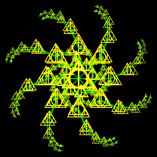 This creation was inspired by the sign of the Deathly Hallows from the Harry Potter series. I first wanted to draw a spiral consisting of the symbol, and somehow set a recursion to allow it to continue until only the branches were visible. Each branch contains a recursion (which could have been accomplished with a loop, but much more complicatedly), and each branch then recurs to form the whole