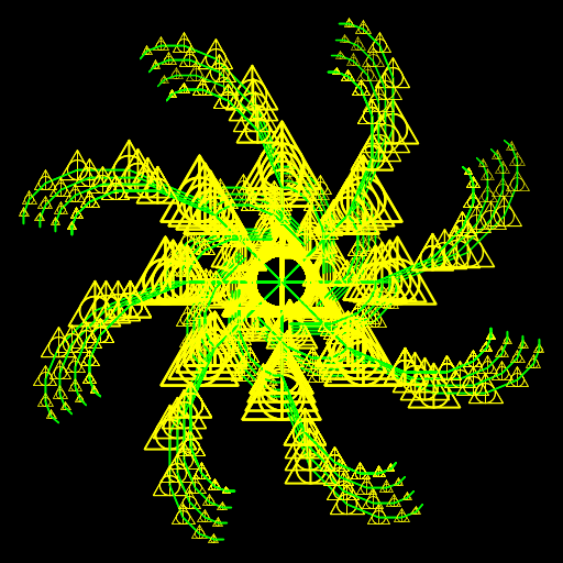 This creation was inspired by the sign of the Deathly Hallows from the Harry Potter series. I first wanted to draw a spiral consisting of the symbol, and somehow set a recursion to allow it to continue until only the branches were visible. Each branch contains a recursion (which could have been accomplished with a loop, but much more complicatedly), and each branch then recurs to form the whole