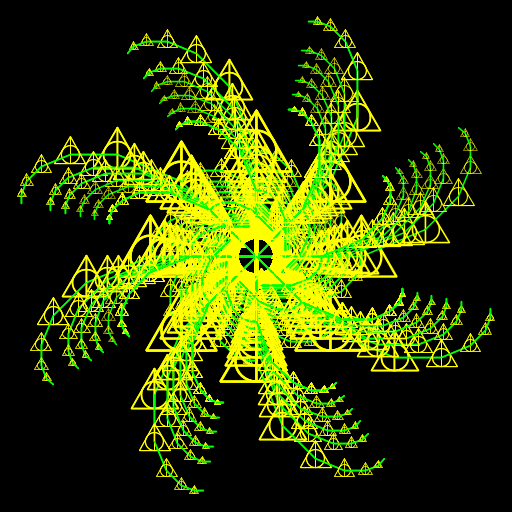 This creation was inspired by the sign of the Deathly Hallows from the Harry Potter series. I first wanted to draw a spiral consisting of the symbol, and somehow set a recursion to allow it to continue until only the branches were visible. Each branch contains a recursion (which could have been accomplished with a loop, but much more complicatedly), and each branch then recurs to form the whole