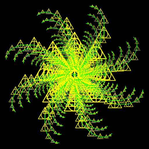 This creation was inspired by the sign of the Deathly Hallows from the Harry Potter series. I first wanted to draw a spiral consisting of the symbol, and somehow set a recursion to allow it to continue until only the branches were visible. Each branch contains a recursion (which could have been accomplished with a loop, but much more complicatedly), and each branch then recurs to form the whole