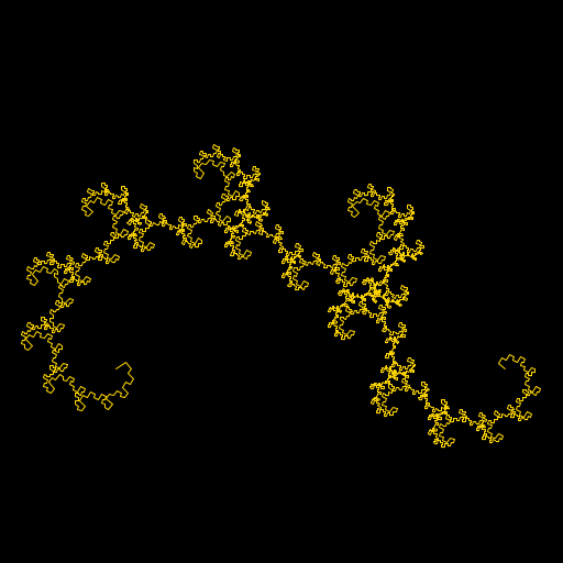 My program draws the golden dragon fractal, which is a recursion of two sides of a triangle scaled by a factor involving the golden ratio. The result is self-similar and consists of two differently-sized copies of itself that fit together. For more information, see http://ecademy.agnesscott.edu/~lriddle/ifs/heighway/goldenDragon.htm.