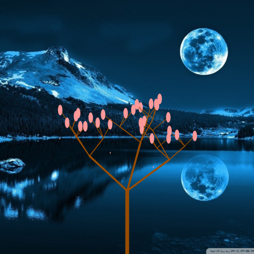 I saw many fractal designs that resulted in trees and was inspired by a recent show I watched to create a sakura tree (cherry blossom tree) using recursion. My code draws a trunk that grows into 3 branches, that each grows into 3 other branches, and so on. When the order of recursion hits the base level, another method is called to draw pink petals on these topmost branches. I also implemented a few details that I believe contribute to the aesthetic appeal of the image produced. The thickness and size of branches are controlled to give a more natural look to the image; the direction of the new branches are random in an allowed interval; the size and amount of petals are inversely proportional. I also scaled the canvas to give the pink circles an apparent oval look (although they aren't really ovals) to give a feeling of hanging leaves.