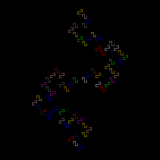 For my creation, I drew a variant of the Koch quadratic type 2 curve. My algorithm works regardless what the start and end points are. Although it cannot be seen here, I modified the original Koch curve algorithm so that the image looks like it is traced out from start to finish, rather than recursively drawn. I did this by only having the last level of recursion actually draw anything. Although each unit in the drawing is actually not connected to the other ones, at greater N the final drawing looks more and more like one big line. Finally, I randomized the colors of each unit, making it look cooler.