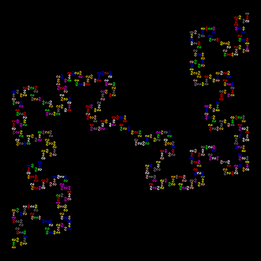 For my creation, I drew a variant of the Koch quadratic type 2 curve. My algorithm works regardless what the start and end points are. Although it cannot be seen here, I modified the original Koch curve algorithm so that the image looks like it is traced out from start to finish, rather than recursively drawn. I did this by only having the last level of recursion actually draw anything. Although each unit in the drawing is actually not connected to the other ones, at greater N the final drawing looks more and more like one big line. Finally, I randomized the colors of each unit, making it look cooler.
