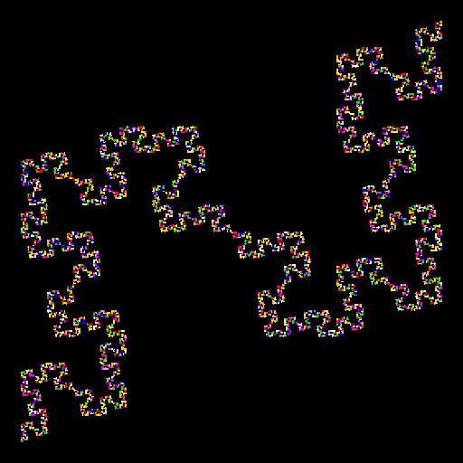 For my creation, I drew a variant of the Koch quadratic type 2 curve. My algorithm works regardless what the start and end points are. Although it cannot be seen here, I modified the original Koch curve algorithm so that the image looks like it is traced out from start to finish, rather than recursively drawn. I did this by only having the last level of recursion actually draw anything. Although each unit in the drawing is actually not connected to the other ones, at greater N the final drawing looks more and more like one big line. Finally, I randomized the colors of each unit, making it look cooler.