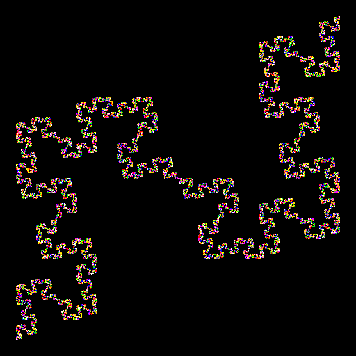 For my creation, I drew a variant of the Koch quadratic type 2 curve. My algorithm works regardless what the start and end points are. Although it cannot be seen here, I modified the original Koch curve algorithm so that the image looks like it is traced out from start to finish, rather than recursively drawn. I did this by only having the last level of recursion actually draw anything. Although each unit in the drawing is actually not connected to the other ones, at greater N the final drawing looks more and more like one big line. Finally, I randomized the colors of each unit, making it look cooler.