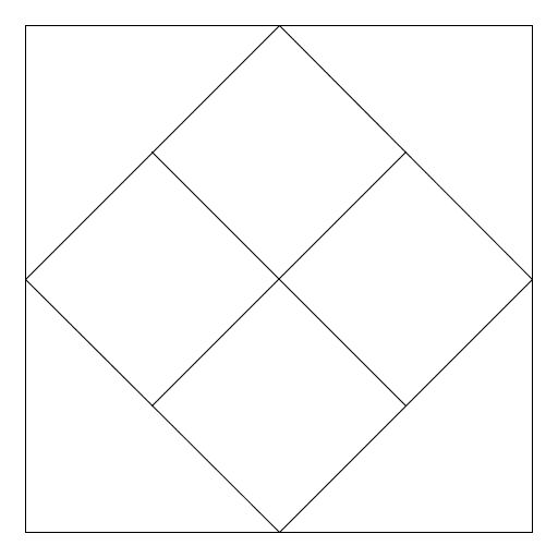 My artistic creation involves 4 squares inside a square but each square is tilted so the corners are on the midpoints of the larger squares. This involves two different drawing functions and two different recursion functions so that the tilted squares and traditional squares alternate. I started by using the program Htree as a model but I had to change it drastically to create my design.