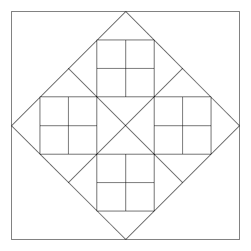 My artistic creation involves 4 squares inside a square but each square is tilted so the corners are on the midpoints of the larger squares. This involves two different drawing functions and two different recursion functions so that the tilted squares and traditional squares alternate. I started by using the program Htree as a model but I had to change it drastically to create my design.