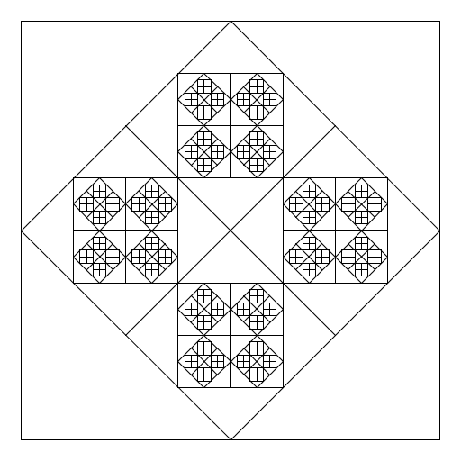 My artistic creation involves 4 squares inside a square but each square is tilted so the corners are on the midpoints of the larger squares. This involves two different drawing functions and two different recursion functions so that the tilted squares and traditional squares alternate. I started by using the program Htree as a model but I had to change it drastically to create my design.