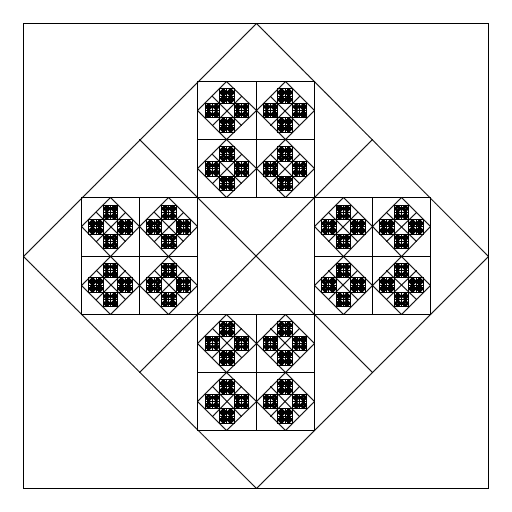 My artistic creation involves 4 squares inside a square but each square is tilted so the corners are on the midpoints of the larger squares. This involves two different drawing functions and two different recursion functions so that the tilted squares and traditional squares alternate. I started by using the program Htree as a model but I had to change it drastically to create my design.
