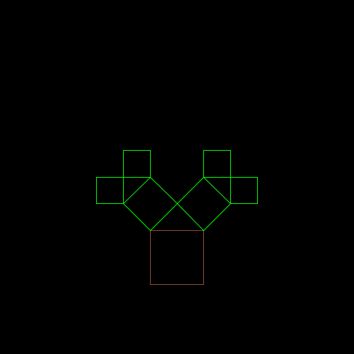 My artistic creation consists of a Pythagoras tree. It was invented by Albert E. Bosman in 1942 and is named after the Greek mathematician due to the right triangle that is formed between the squares. First, before programing, I had to find out how the points of each square could be computed from a point of the square of the previous order. I figured out equations for the angles.