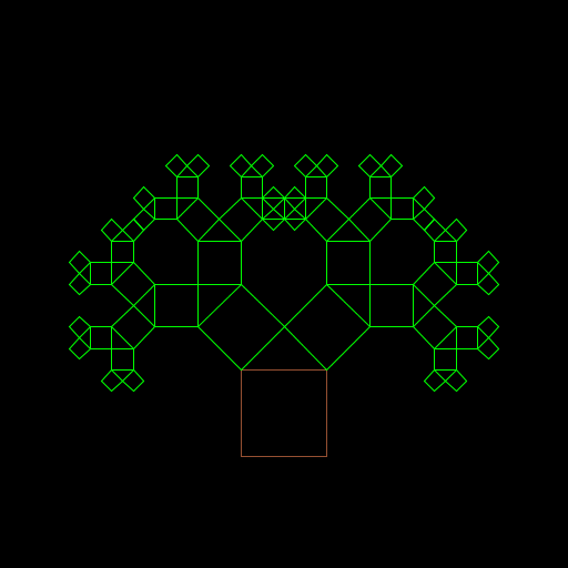 My artistic creation consists of a Pythagoras tree. It was invented by Albert E. Bosman in 1942 and is named after the Greek mathematician due to the right triangle that is formed between the squares. First, before programing, I had to find out how the points of each square could be computed from a point of the square of the previous order. I figured out equations for the angles.