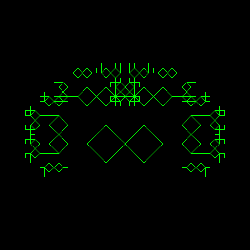 My artistic creation consists of a Pythagoras tree. It was invented by Albert E. Bosman in 1942 and is named after the Greek mathematician due to the right triangle that is formed between the squares. First, before programing, I had to find out how the points of each square could be computed from a point of the square of the previous order. I figured out equations for the angles.
