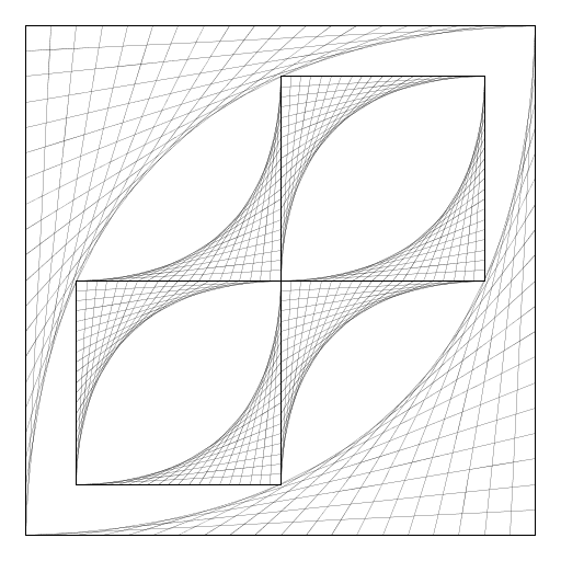 I used a recursive function to draw two parabolic lines within a square. The parabolic lines formed the shape of an eye. Inside the eye, I drew two more squares with parabolic lines within them. I connected the two squares with parabolic lines.