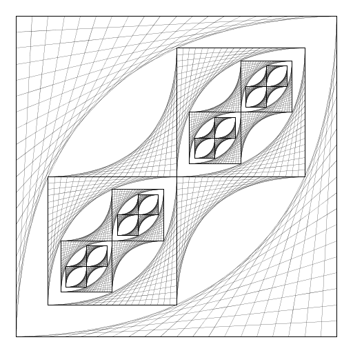 I used a recursive function to draw two parabolic lines within a square. The parabolic lines formed the shape of an eye. Inside the eye, I drew two more squares with parabolic lines within them. I connected the two squares with parabolic lines.